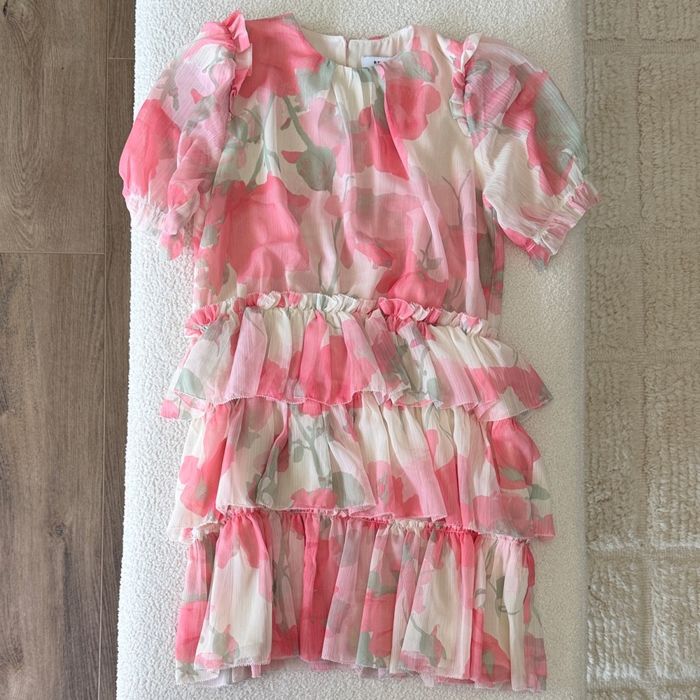 Reiss Pink and Mint Floral Tiered Ruffle Dress